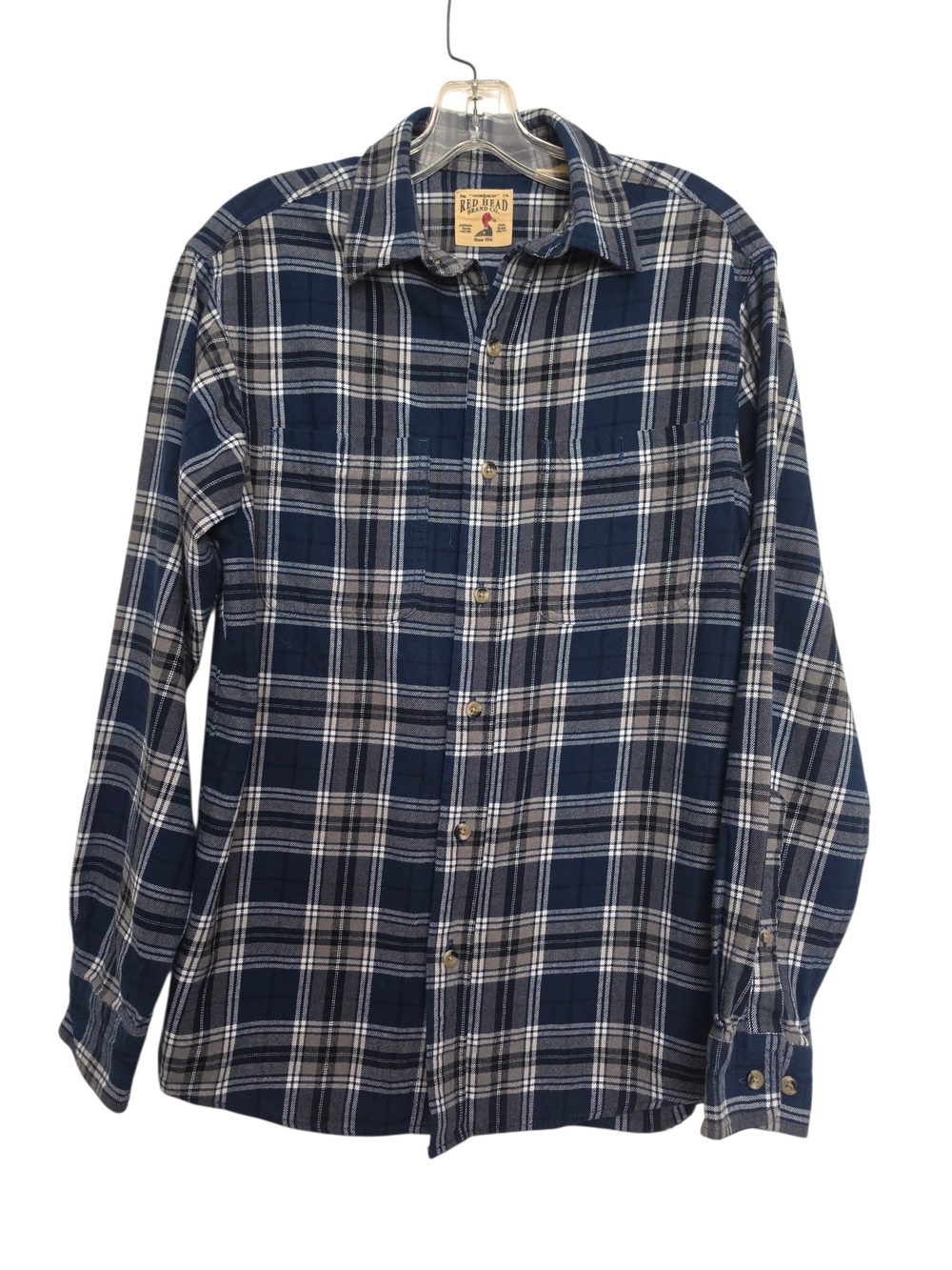 RedHead Navy and Cream Plaid Button-Down Cotton Flannel Shirt SZ Small